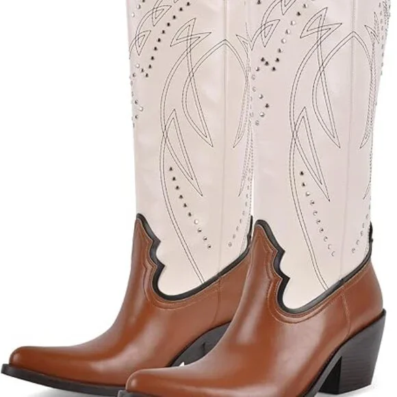 Studded Rivets Knee High Cowboy Boots Pull On Pointed Toe Stacked Embroidered - Picture 4 of 6